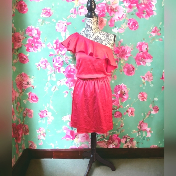 BCBGeneration One Shoulder Lollipop Blouson Ruffle Mini Dress Size L In Hot Pink - Picture 1 of 12